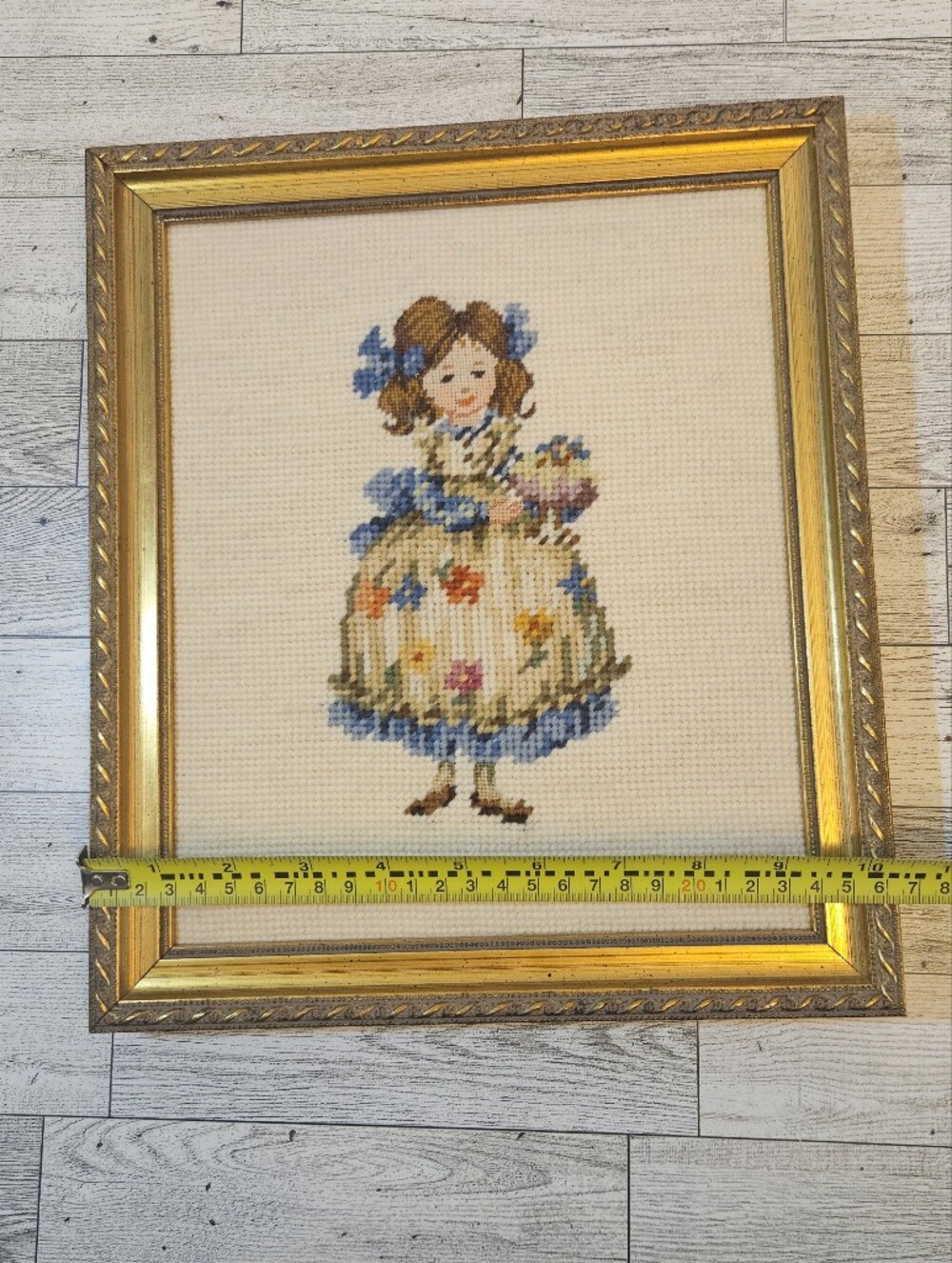 Pair Of Framed Vintage Needlepoint Girls In Floral Dress Grandmacore *No Glass - Picture 6 of 8
